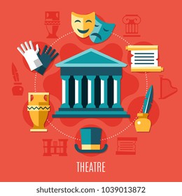 Theatre colored composition with elements of theatrical activity combined around the building vector illustration