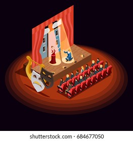 Theatre Composition Of Isometric Audience Hall With Stage During Dramatic Performance With Human Characters And Masks Vector Illustration