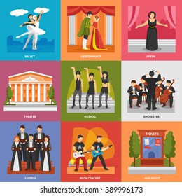 Theatre compositions 3x3 design concept with chorus musical rock concert opera ballet orchestra flat vector illustration