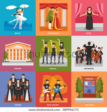 Theatre compositions 3x3 design concept with chorus musical rock concert opera ballet orchestra flat vector illustration