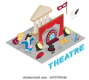 Theatre concept banner. Isometric banner of theatre vector concept for web, giftcard and postcard