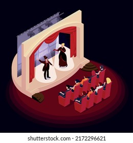 Theatre concept with drama and opera performance symbols isometric vector illustration