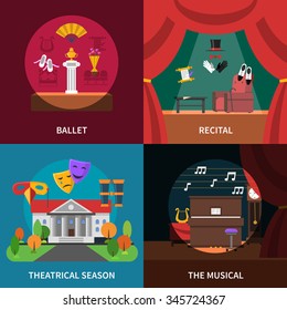 Theatre concept icons set with ballet recital and musical symbols flat isolated vector illustration 