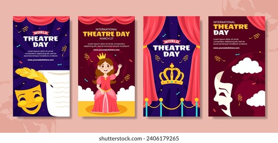 Theatre Day Social Media Stories Flat Cartoon Hand Drawn Templates Background Illustration