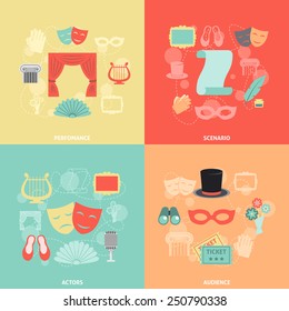 Theatre design concept set with performance actors scenario audience flat icons isolated vector illustration