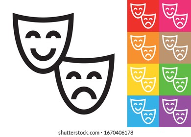 Theatre Drama and Comedy Masks. Line Icon With Different Color Background.