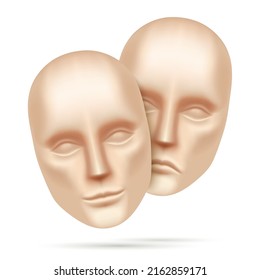 Theatre drama masks concept vector illustration. Happy and sad realistic human faces isolated on white background.