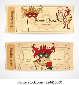 Theatre drama opera stage sketch tickets set with decoration isolated vector illustration.