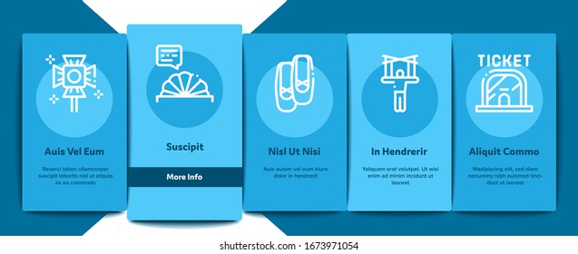 Theatre Equipment Onboarding Mobile App Page Screen Vector. Theatre Ticket And Binoculars, Mask And Microphone, Curtain And Seats, Building And Hat Color Contour Illustrations