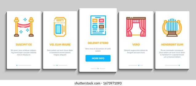 Theatre Equipment Onboarding Mobile App Page Screen Vector. Theatre Ticket And Binoculars, Mask And Microphone, Curtain And Seats, Building And Hat Color Contour Illustrations