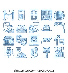 Theatre Equipment sketch icon vector. Hand drawn blue doodle line art Theatre Ticket And Binoculars, Mask And Microphone, Curtain And Seats, Building And Hat Illustrations