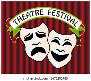 Theatre festival conceptual icons, comedy and tragedy symbols with stage curtain in the background. Theatre masks poster template vector illustration. 