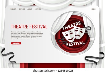 Theatre festival landing page website template. Vector paper cut theatre scene decorations, tragedy and comedy masks in circle. Theatrical performing art concept.