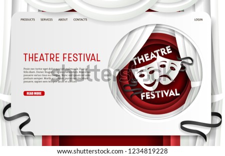 Theatre festival landing page website template. Vector paper cut theatre scene decorations, tragedy and comedy masks in circle. Theatrical performing art concept.