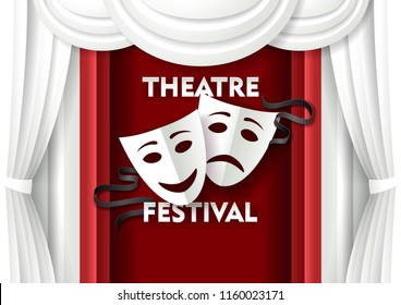 Theatre festival poster banner template. Vector paper cut theater decorations with comedy and tragedy theater masks.