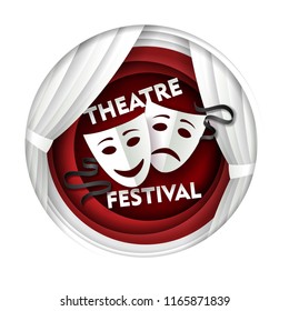 Theatre festival poster banner template. Vector paper cut theater decorations with comedy and tragedy theater masks in circle.