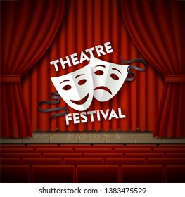 Theatre Festival Vector Poster Template. Realistic Wooden Theater Stage With Red Curtains And Theatrical Tragedy And Comedy Masks, Seats For Spectators. Stage For Concert, Movie, Dance And Other Show.