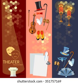 Theatre flat banner set with actors scenario decorations dramaturgy performance vector illustration 