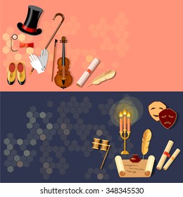 Theatre flat banner theater entertainment and performance elements musical operetta literature dramaturgy 