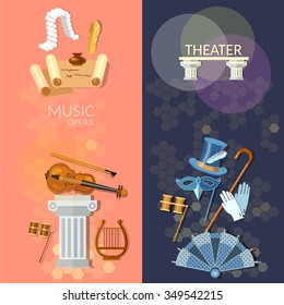 Theatre flat banner theater musical operetta literature dramaturgy entertainment and performance elements  