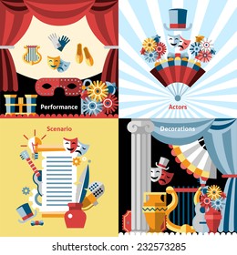 Theatre flat icon set with performance actors scenario decorations isolated vector illustration