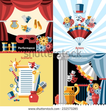 Theatre flat icon set with performance actors scenario decorations isolated vector illustration