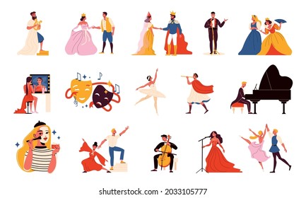 Theatre flat icons set with actors and actresses wearing theatrical costumes musicians singers dancers isolated on white background vector illustration