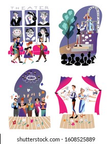 Theatre Flat Vector Illustrations Set. Stage Play, Theatrical Performance, Applause. Actors Cartoon Characters. Culture Entertainment, Show, Concert. Artists Signing Autographs Behind Scenes