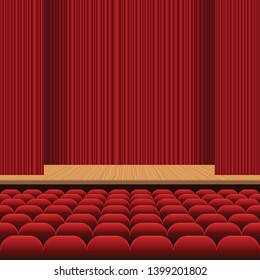 Theatre hall with rows of red seats, wooden stage and red velvet curtain vector illustration