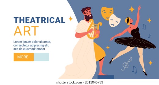 Theatre Horizontal Banner With Human Characters Of Ballerina And Actor Holding Harp Flat Vector Illustration