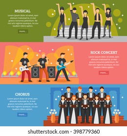 Theatre horizontal banners set of popular music performance with musical chorus rock actors flat vector illustration