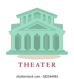 Theatre icon of building with columns. Sign symbol of modern theatrical architecture house isolated on white background. Vector illustration of theater construction in vintage style flat design