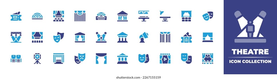 Colección de iconos del teatro. Color de duotona. Ilustración vectorial. Con boleto, teatro, teatro bolshoi, cirugía, sala de operaciones, escenario, teatro, foco, máscaras, cortina, cortinas, asientos, marionetas.