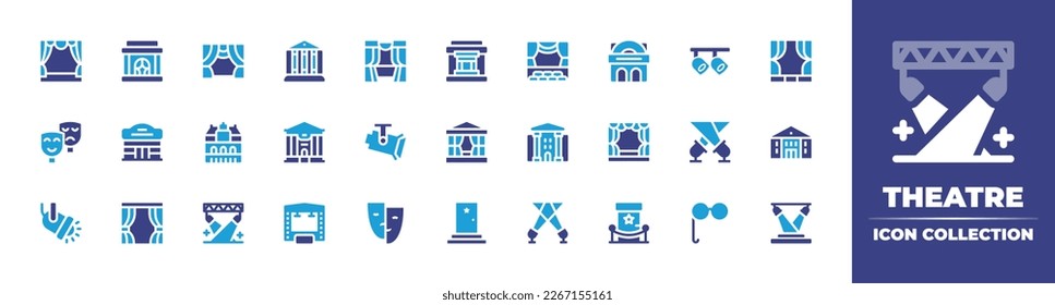 Theatre icon collection. Duotone color. Vector illustration. Containing theatre, royal flemish theatre, spotlight, theater, show, stage, tragedy, backstage, dressing room, lighting.