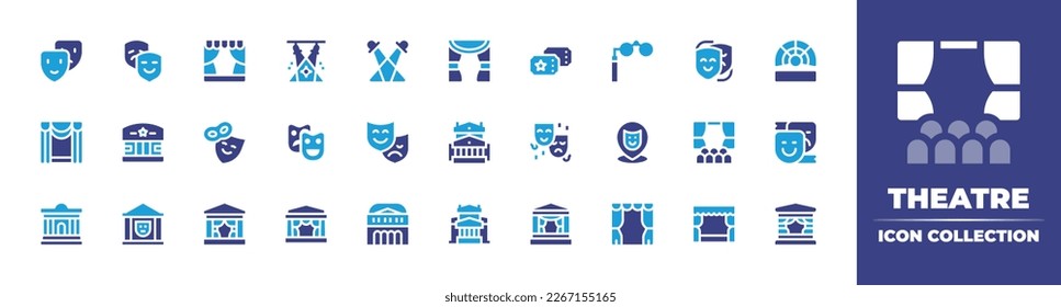 Theatre icon collection. Duotone color. Vector illustration. Containing emotions, mask, theatre, spotlight, ticket, spectacles, theatre mask, theater, bolshoi theatre.