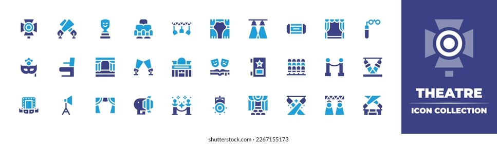 Theatre icon collection. Duotone color. Vector illustration. Containing light, spotlight, prize, chair, lights, stage, cinema, curtains, spectacles, mask, chairs, spotlights, theater, door, seat.