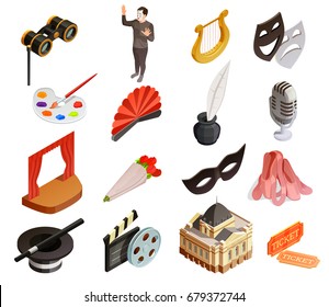 Theatre icon isometric set of sixteen isolated vintage style symbolic images representing different fields of art vector illustration