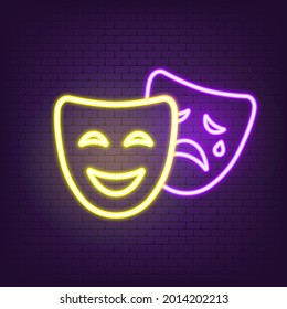 Icono del teatro, neón. La comedia y la tragedia enmascaran a un icono neón. Feliz e infeliz símbolo tradicional del teatro. EPS vectorial 10. Aislado sobre fondo blanco