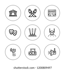 Theatre icon set. collection of 9 outline theatre icons with theater, theatre icons. editable icons.