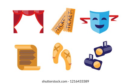 Theatre icons set, curtain, tickets, scroll, pointe shoes, comedy mask, spotlights, theatrical premiere elements vector Illustration on a white background