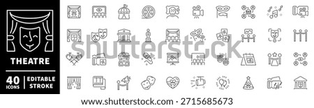 Theatre icons set: editable line icons in outline style, drama and performance symbols