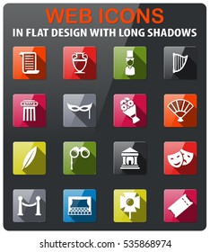 Theatre icons set in flat design with long shadow