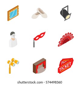 Theatre icons set. Isometric 3d illustration of 9 theatre vector icons for web