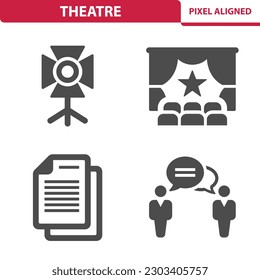 Theatre Icons. Spotlight, Stage, Actor, Script. Professional, pixel perfect vector icon set.