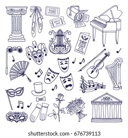 Theatre illustrations set. Opera and ballet vector symbols isolate on white. Ballet and opera theater, performance music in theatre