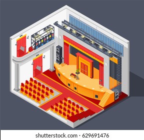 Theatre interior isometric composition with lights stage and scenery vector illustration 