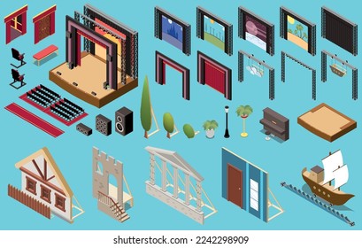 Theatre interior isometric icons set with elements of stage and scenery decor isolated vector illustration