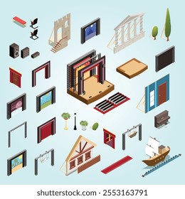 Ícones isométricos interiores de teatro definidos com elementos de palco e cenário decoração isolada vetor ilustração
