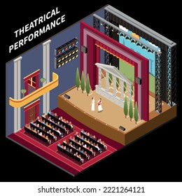 Theatre interior stage isometric concept with antique drama performance vector illustration