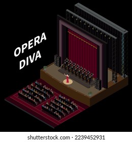 Theatre interior stage isometric concept with opera performance vector illustration